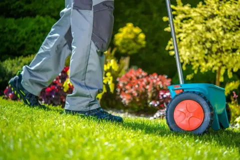 Osoba w szarych spodniach i czarnych butach z zielonymi akcentami wykonuje dosiewanie trawy za pomocą zielonego rozsiewacza.