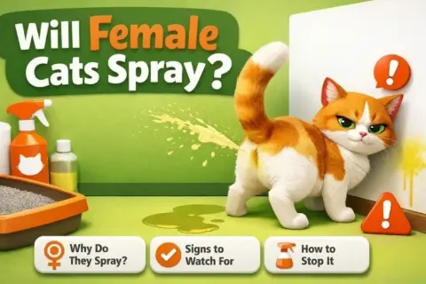 An orange and white cat sprays urine on a wall, illustrating the question: "Will female cats spray?" Learn why, signs, and how to stop it.