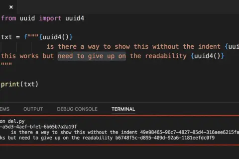 Code Python affichant un UUID généré. Le commentaire python plusieurs lignes explore l'indentation et la lisibilité.
