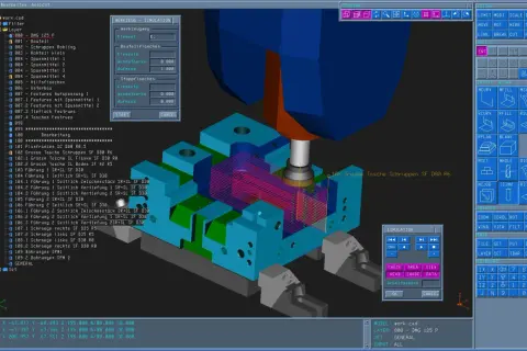 Symulacja obróbki w Linux CNC, gdzie frez wirtualnie obrabia element.