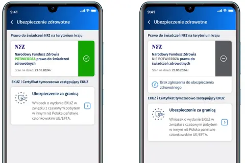 Aplikacja mobilna pokazuje, jak sprawdzić czy mam ubezpieczenie zdrowotne. Po lewej potwierdzenie, po prawej brak zgłoszenia.