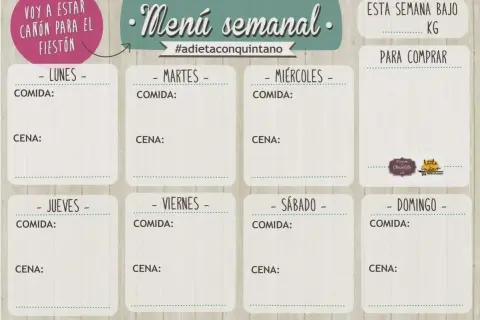 Plan nutricional semanal para estar cañón en el fiestón. Incluye espacios para comidas y cenas de lunes a domingo, y una sección para la lista de compras.