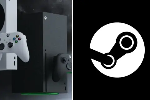 Dwa konsole Xbox Series X/S z kontrolerami i logo Steam. Marzenie o graniu w gry Steam na Xboxie.