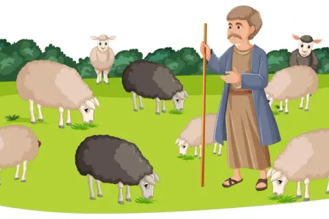 Un pastor con un cayado observa a su rebaño de ovejas, algunas blancas y otras negras, pastando en un prado verde. ¿Será el pastor mentiroso?