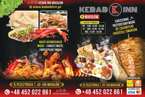 Plakat reklamowy z kebabem, frytkami, kurczakiem i napisem "Kebab Inn Mikołów".