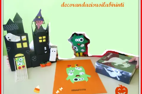 Un castello di Halloween da colorare, con fantasmi, mostri e zucche, pronto per essere decorato.