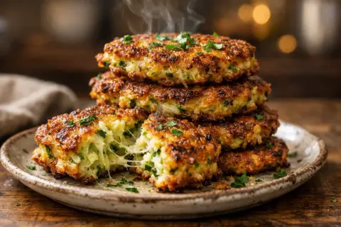 Pile de galettes de courgette dorées et croustillantes, garnies de persil frais. La vapeur s'échappe d'une galette coupée, révélant un cœur fondant.
