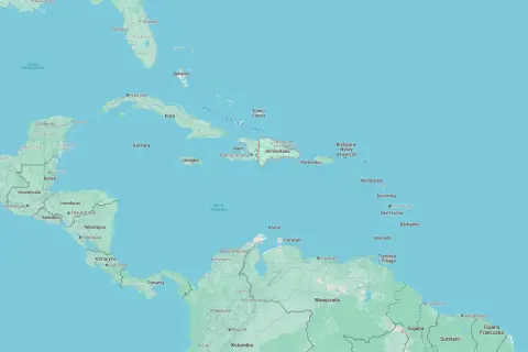 Mapa Karaibów, gdzie leży Dominikana, między Haiti a Portoryko, na Morzu Karaibskim.