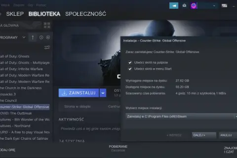 Jak usunąć grę z biblioteki Steam? Okno instalacji Counter-Strike: Global Offensive pokazuje, że gra zajmuje 27.62 GB.