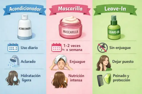 Ilustración compara la diferencia entre acondicionador (uso diario, aclarado, hidratación ligera), mascarilla (1-2 veces/semana, enjuague, nutrición intensa) y leave-in (sin enjuague, dejar puesto, peinado y protección).