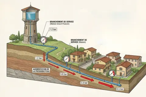 Schéma illustrant quelle pression d'eau pour une maison, de la tour d'eau aux habitations. La pression augmente dans les canalisations souterraines.
