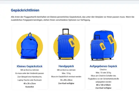 Jaki bagaż można zabrać do samolotu Ryanair: mały bagaż podręczny (plecak, torba), bagaż podręczny (do 10 kg) i bagaż rejestrowany (10 lub 20 kg).