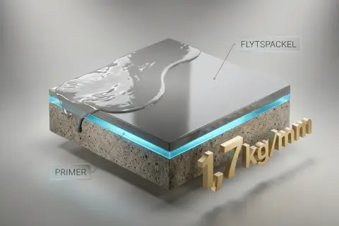 Flytspackla golv: primer appliceras på betong, sedan ett lager flytspackel. 1,7 kg/mm.