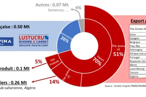 Graphique montrant les exportations de blé dur. La semoulerie française représente 0.50 Mt. L'exportation de grains UE est de 1 Mt.