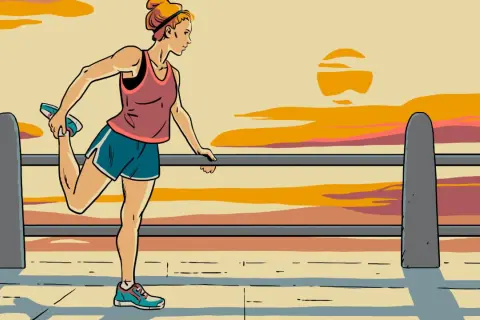 Woman stretching her leg during sprint triathlon training at sunset.