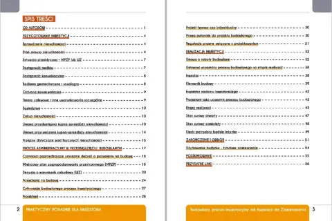 Spis treści poradnika dla inwestora: przygotowanie inwestycji, proces administracyjny, realizacja inwestycji, zakończenie i odbiór. Zawiera informacje o projekcie budowlanym.