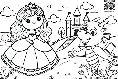 Urocza księżniczka i przyjazny smok na tle zamku. Idealne obrazki do rysowania dla dzieci.