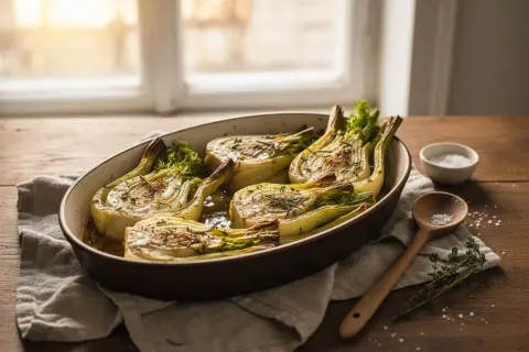 Fenouil rôti au four, parfumé aux herbes, prêt à être dégusté. Une recette simple et savoureuse.
