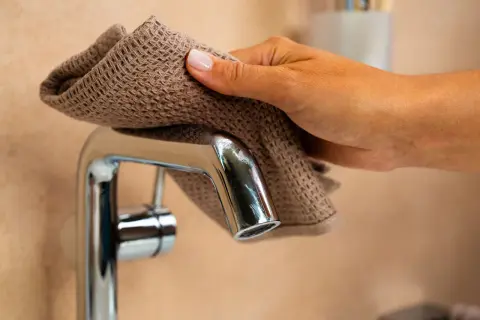 Mano che pulisce un rubinetto cromato con un panno marrone, mostrando come togliere il calcare dai rubinetti per renderli brillanti.
