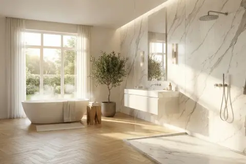 Élégante salle de bain marbre avec baignoire, douche et lavabo. Lumière naturelle douce.