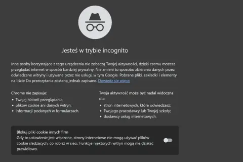 Ikona okularów i kapelusza symbolizuje, że jesteś w trybie incognito. Przeglądaj prywatnie, ale pamiętaj, że Twoja aktywność może być widoczna dla pracodawcy.