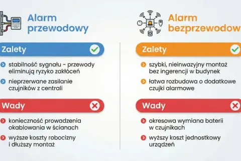 Porównanie alarmów: przewodowy (stabilny, zasilany z centrali) i bezprzewodowy (łatwy montaż, ale wymaga baterii). Czujka tlenku węgla działa w obu systemach.