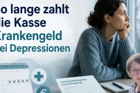 Frau blickt nachdenklich aus dem Fenster. Text: "So lange zahlt die Kasse Krankengeld bei Depressionen". Kalender zeigt X'e. Thema: Depression wie lange krank.