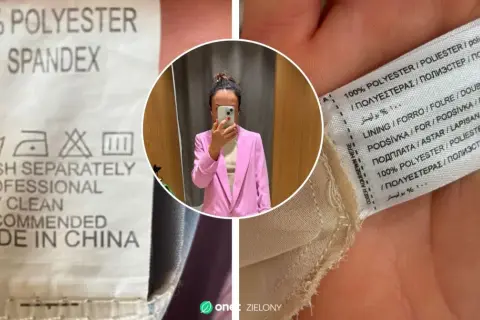 Metka z informacją o składzie: 95% poliester, 5% spandex. Obok metka z napisem "100% POLYESTER". Kobieta w różowej marynarce.