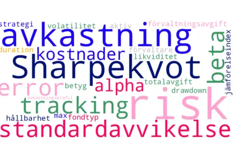 Ordmoln med finansiella termer som "avkastning", "Sharpekvot", "risk" och "standardavvikelse". Viktiga begrepp för att förstå fonder eller aktier.