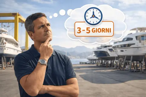 Uomo pensieroso in cantiere navale, con una nuvoletta che indica "3-5 giorni" e un orologio, suggerendo tempi per una perizia nautica.