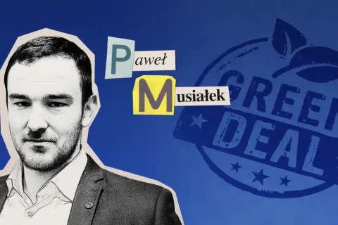 Portret Pawła Musiałka na tle niebieskim z pieczęcią "Green Deal".