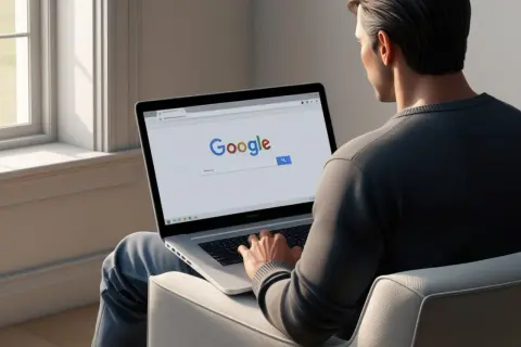 Mężczyzna siedzi przy laptopie, na ekranie którego widnieje strona Google. Uczy się, jak ustawić Google jako domyślną wyszukiwarkę.