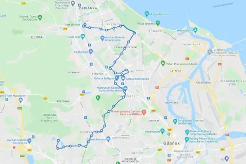 Trasa linii 127 Gdańsk: od Matarni przez Oliwię, Przymorze, Zaspa, Wrzeszcz, aż do Stogów.