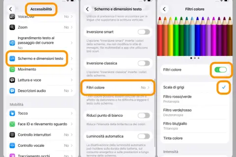 Impostazioni iPhone: Accessibilità > Schermo e dimensioni testo > Filtri colore. La calibrazione schermo iPhone aiuta a leggere meglio.