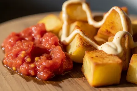Krispiga potatisbitar med en klick tomatsalsa och en generös sträng aioli. En klassisk portion patatas bravas.