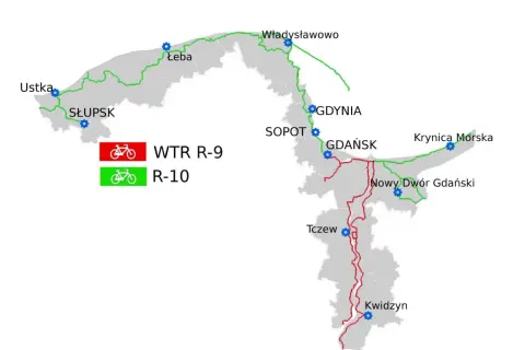 Mapa tras rowerowych WTR R-9 (czerwona) i R-10 (zielona) wzdłuż wybrzeża i w głąb lądu, łącząca miasta takie jak Ustka, Słupsk, Łeba, Władysławowo, Gdynia, Sopot, Gdańsk, Krynica Morska, Nowy Dwór Gdański, Tczew i Kwidzyn.