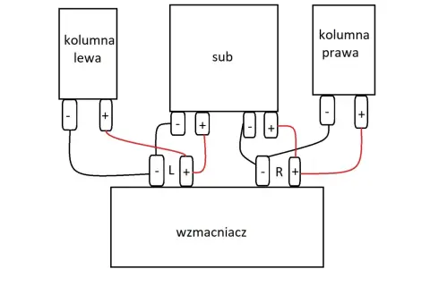 Schemat pokazuje, jak podłączyć subwoofer do wzmacniacza i kolumn. Połącz lewą i prawą kolumnę z wyjściami L i R wzmacniacza, a subwoofer z odpowiednimi terminalami.