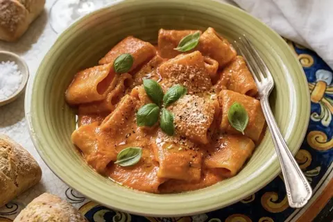 Herzhafte Paccheri in cremiger Tomatensoße, garniert mit Basilikum und Parmesan. Ein Genuss für alle Paccheri Rezepte Liebhaber.