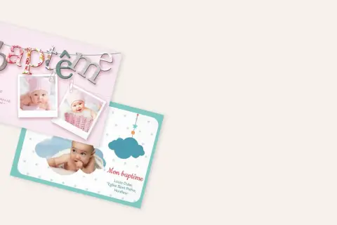 Cartes d'invitation pour un baptême avec des photos de bébé et le mot "baptême" en lettres décoratives.