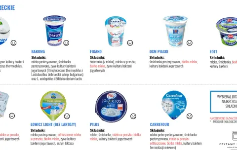 Czy w jogurcie naturalnym jest cukier? Sprawdź składniki jogurtów greckich: Piątnica, Bakoma, Figand, OSM Piaski, Zott, Ekolukta, Łowicz, Pilos, Carrefour.