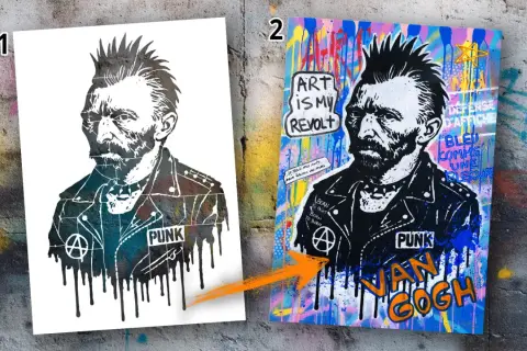 Zwei Bilder von Van Gogh im Punk-Stil, eines schwarz-weiß, das andere bunt und mit Graffiti.