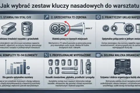 Stal CrV, grzechotka 72-zębowa i różne rozmiary napędów to kluczowe cechy dobrej nasadki. Zestaw 70-94 elementów z walizką to idealne rozwiązanie.