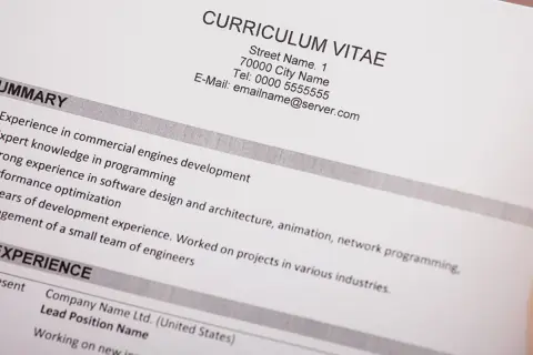 Fragment dokumentu Curriculum Vitae z danymi kontaktowymi i podsumowaniem doświadczenia zawodowego.