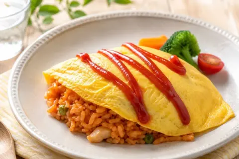 Ein Omelett mit gebratenem Reis, garniert mit Ketchup. Ein köstliches Gericht, das von vielen asiatischen Rezepten inspiriert ist.