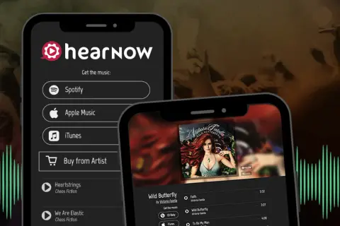 Two phones display music apps. One shows options to get music from Spotify, Apple Music, iTunes, or buy from artist, hinting at how to submit music to blogs.