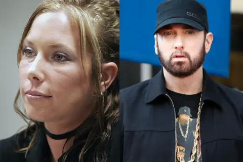 Kim Scott i Eminem na zdjęciu podzielonym na pół.