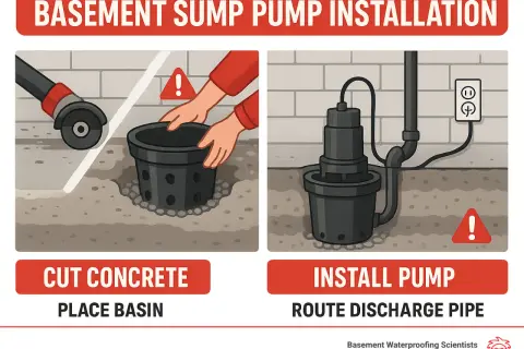 Illustration shows steps for sump pump installation: cutting concrete, placing the basin, installing the pump, and routing the discharge pipe.