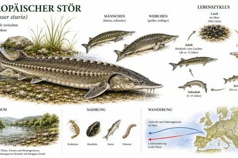 Europäischer Stör im Lebensraum Mosel. Die Grafik zeigt den Lebenszyklus, Nahrung und Wanderung dieser Fische.