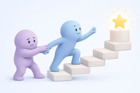 Un personaggio blu sale le scale verso una stella, mentre uno viola, che sembra triste, lo trattiene. Lui non è felice con me.
