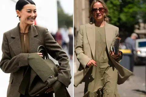 Dwie kobiety w eleganckich stylizacjach. Jedna w ciemnym garniturze, druga w jasnym. Kolor khaki jaki to kolor? To odcień zieleni, który świetnie wygląda w modzie.
